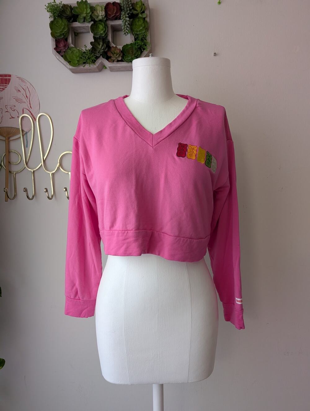 Haribo pink embroidered crop top